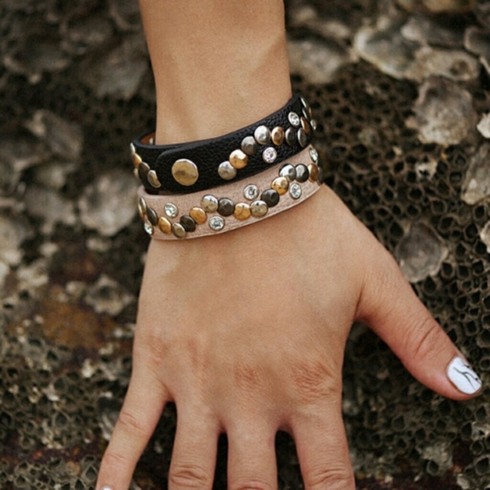 ONLY 2 Left! Embellished Leather Bracelet - RUST
